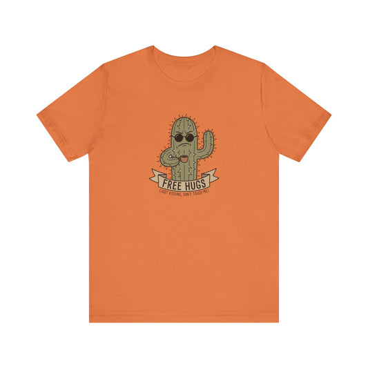 Orange t-shirt with cartoon cactus wearing sunglasses, holding coffee.