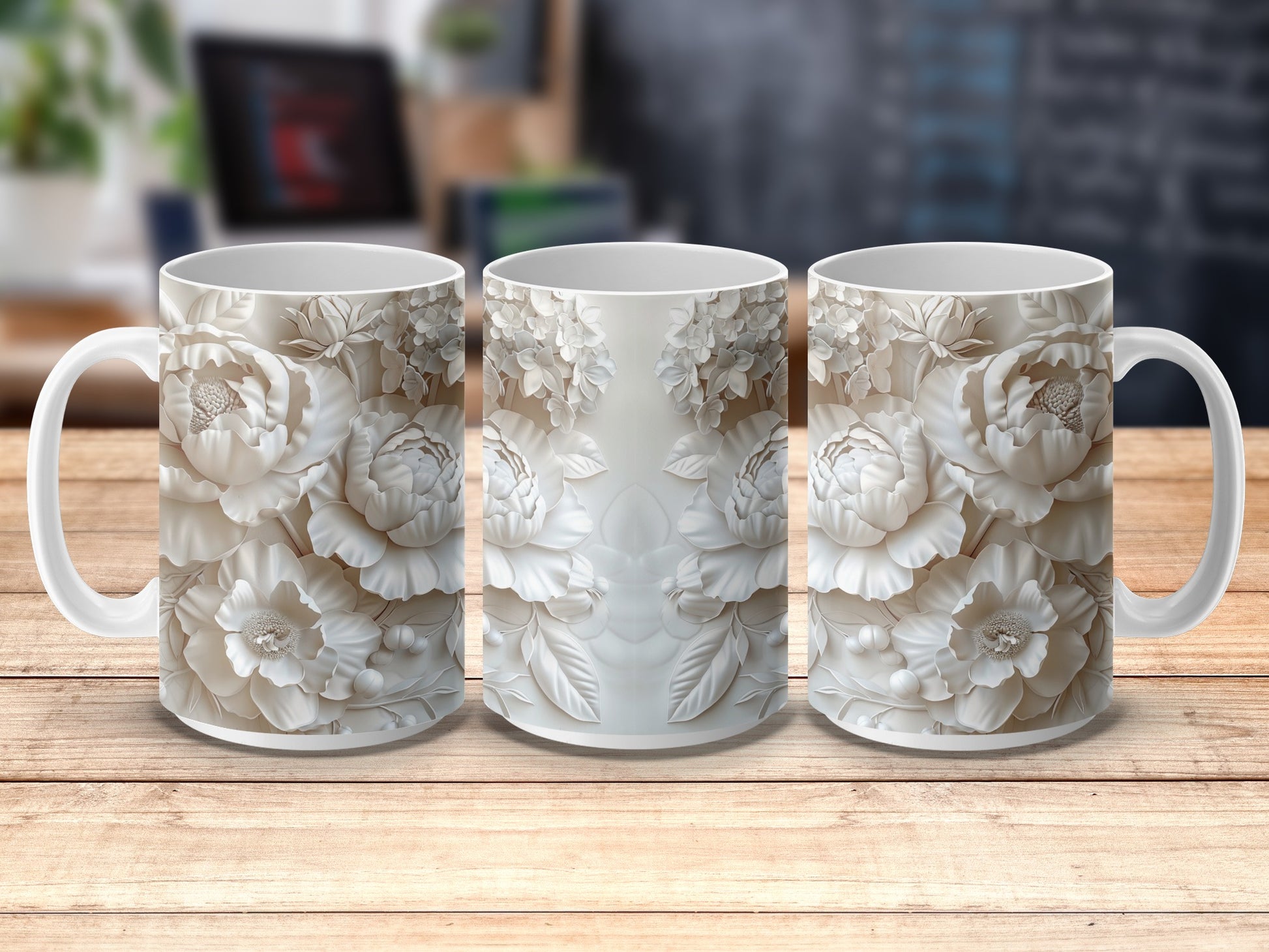 Elegant Floral Ceramic Mugs, White Relief Flowers Coffee Cup, 3D Design Tea Mug Set, Unique Kitchen Gift