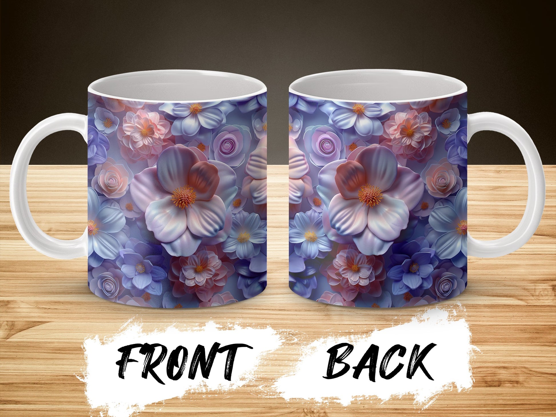 Floral Coffee Mug, Purple Blue Flowers Design, Elegant Gift, Front and Back Printed, Ceramic Cup
