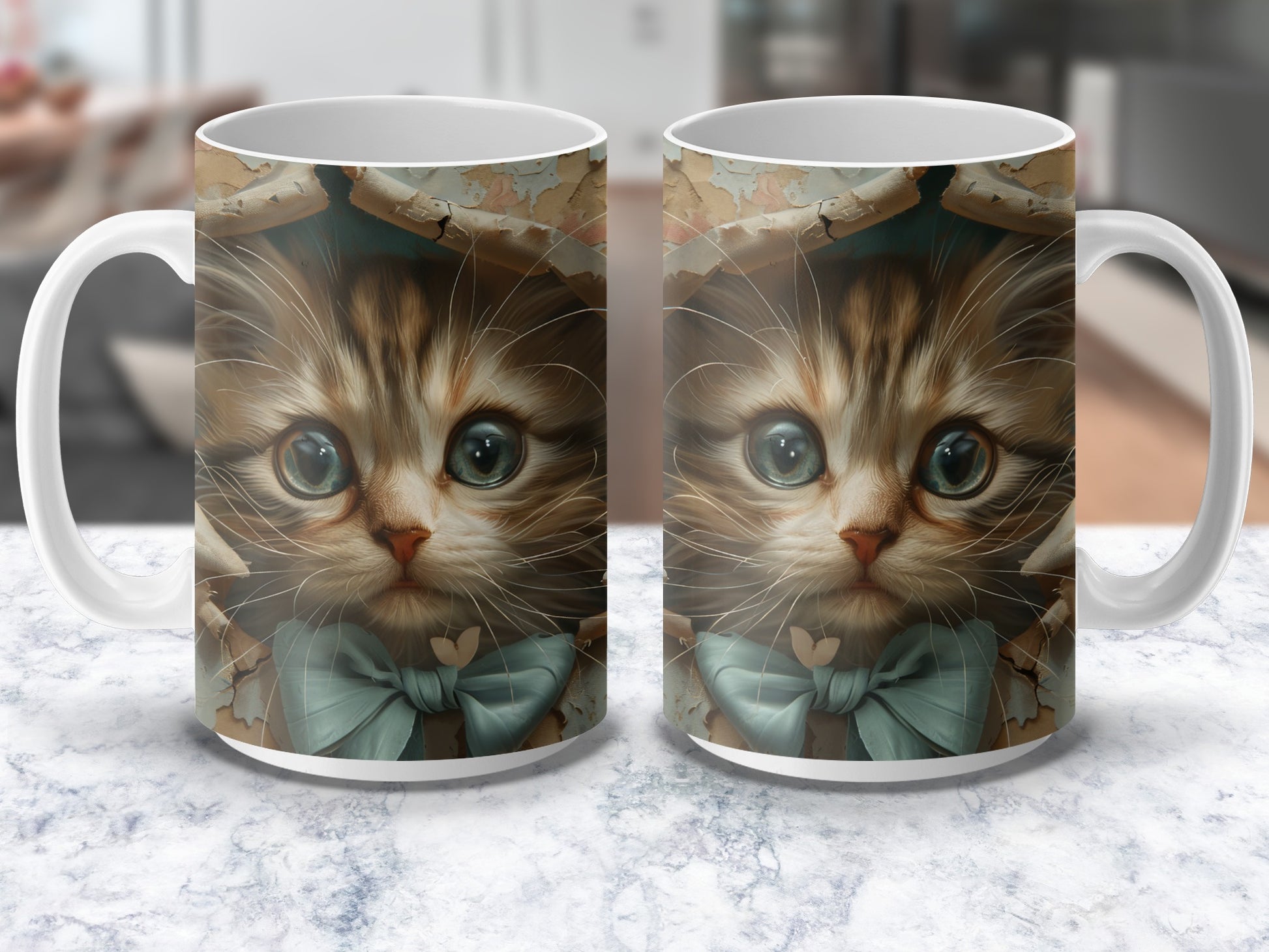 Cute Kitten Mug with Blue Bow, Large Eyed Cat Coffee Cup, Animal Lover Gift, Unique Pet Themed Drinkware