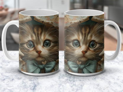 Cute Kitten Mug with Blue Bow, Large Eyed Cat Coffee Cup, Animal Lover Gift, Unique Pet Themed Drinkware