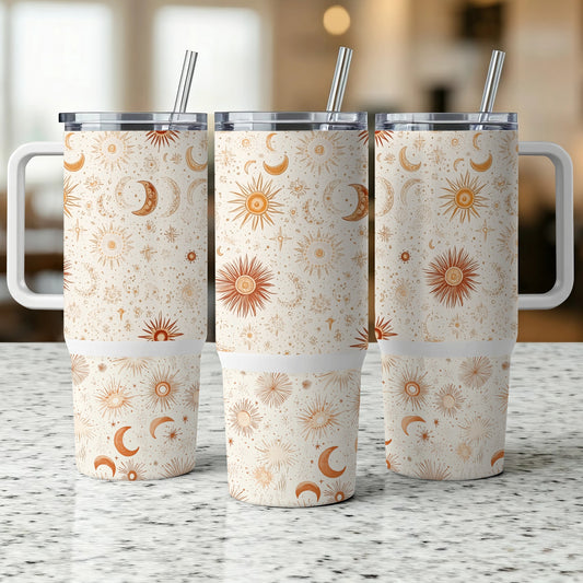 Celestial Tumbler Cups with Lids and Straws, Sun and Moon Pattern, Insulated Travel Drinkware Set of 3