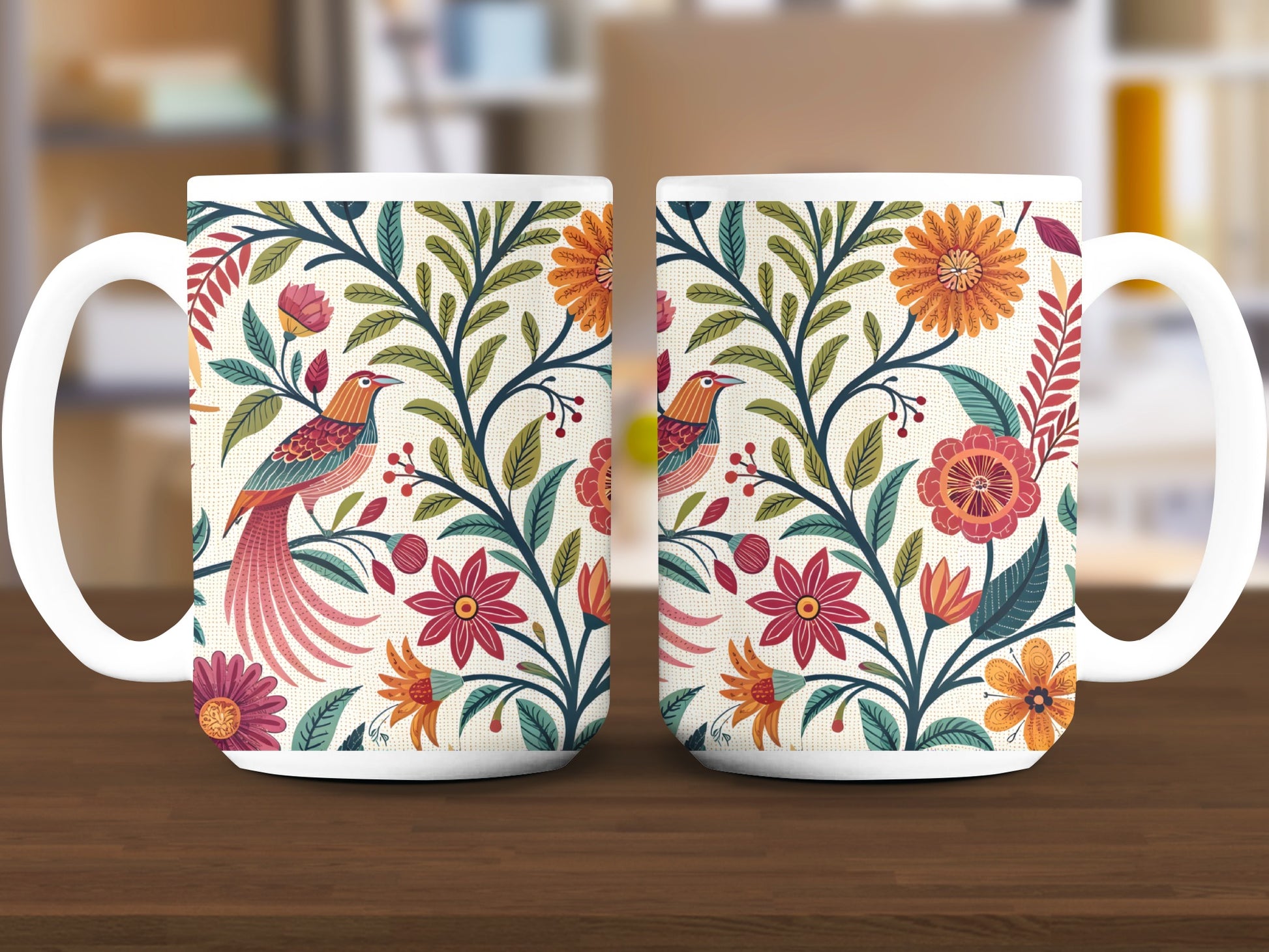 Colorful Floral Pattern Bird Design Coffee Mug product