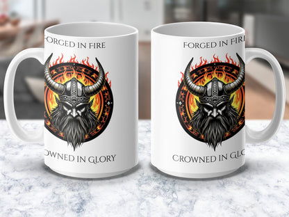 Viking Warrior Mug, Forged in Fire, Crowned in Glory, Norse Mythology Coffee Cup, Gift Idea