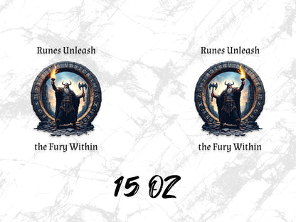 Viking Runes Unleash the Fury Within Fantasy Art Coasters, Norse Mythology Drinkware, Set of 2, 15 oz