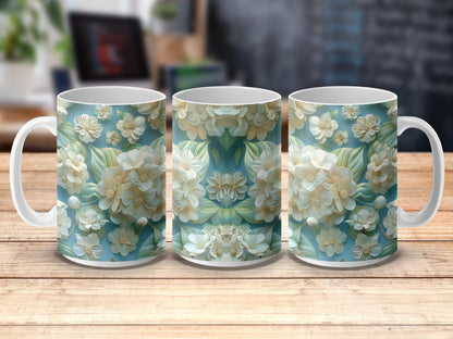 Floral Pattern Coffee Mugs, Vintage Blue and White Flower Design, Set of Three Ceramic Mugs, Kitchen Decor Drinkware, Gift Idea