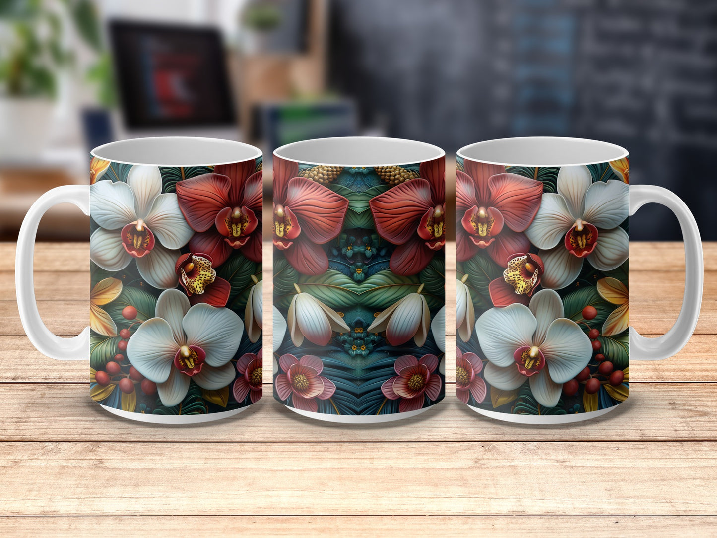 Floral Coffee Mugs, Tropical Orchid Design, Colorful Ceramic Cups, Gift Idea, Set of Three, Kitchen Decor