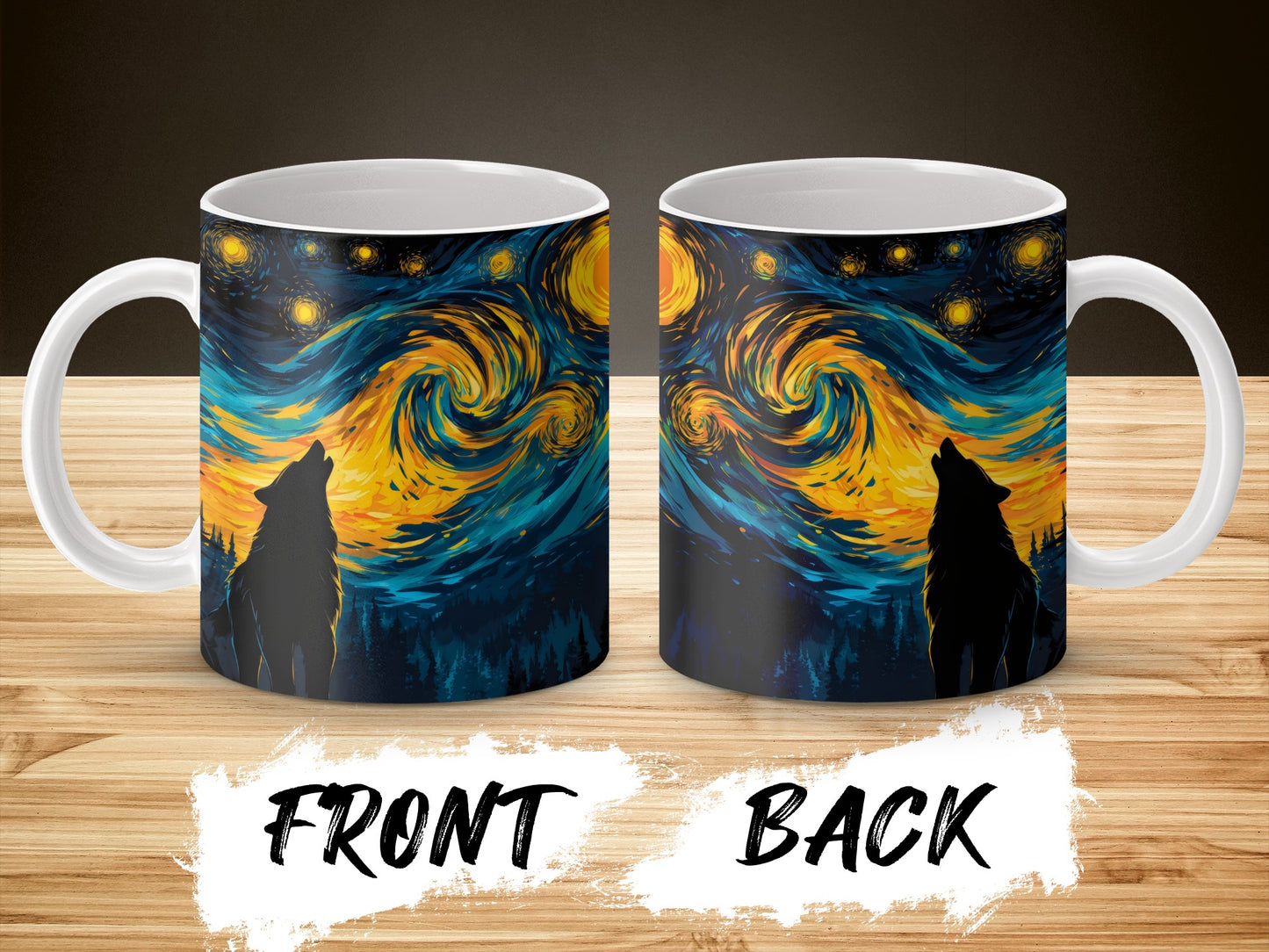 Van Gogh Starry Night Inspired Coffee Mug with Black Cat Silhouette, Artistic Ceramic Cup Gift