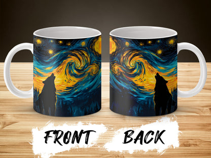 Van Gogh Starry Night Inspired Coffee Mug with Black Cat Silhouette, Artistic Ceramic Cup Gift