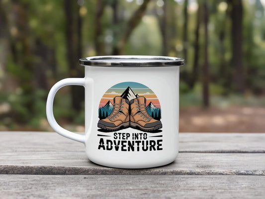Step Into Adventure Enamel Mug Perfect Outdoor Product