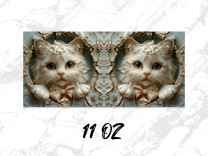 Whimsical Cat Art Coffee Mug, Symmetrical Kitten Design, Unique 11 oz Ceramic Cup, Gift for Cat Lovers