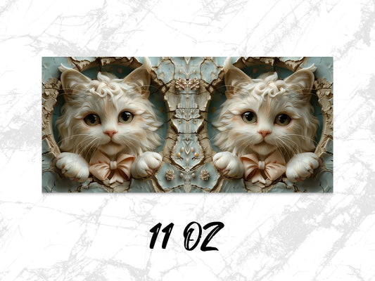 Whimsical Cat Art Coffee Mug, Symmetrical Kitten Design, Unique 11 oz Ceramic Cup, Gift for Cat Lovers