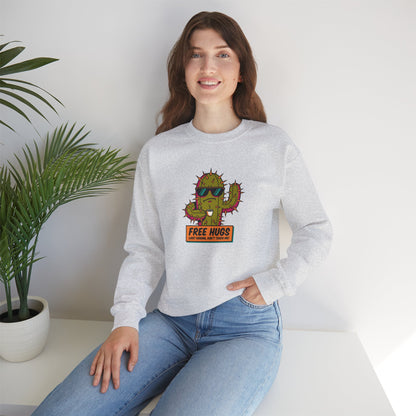 Light gray sweatshirt with cartoon cactus wearing sunglasses and a "FREE HUGS" sign.