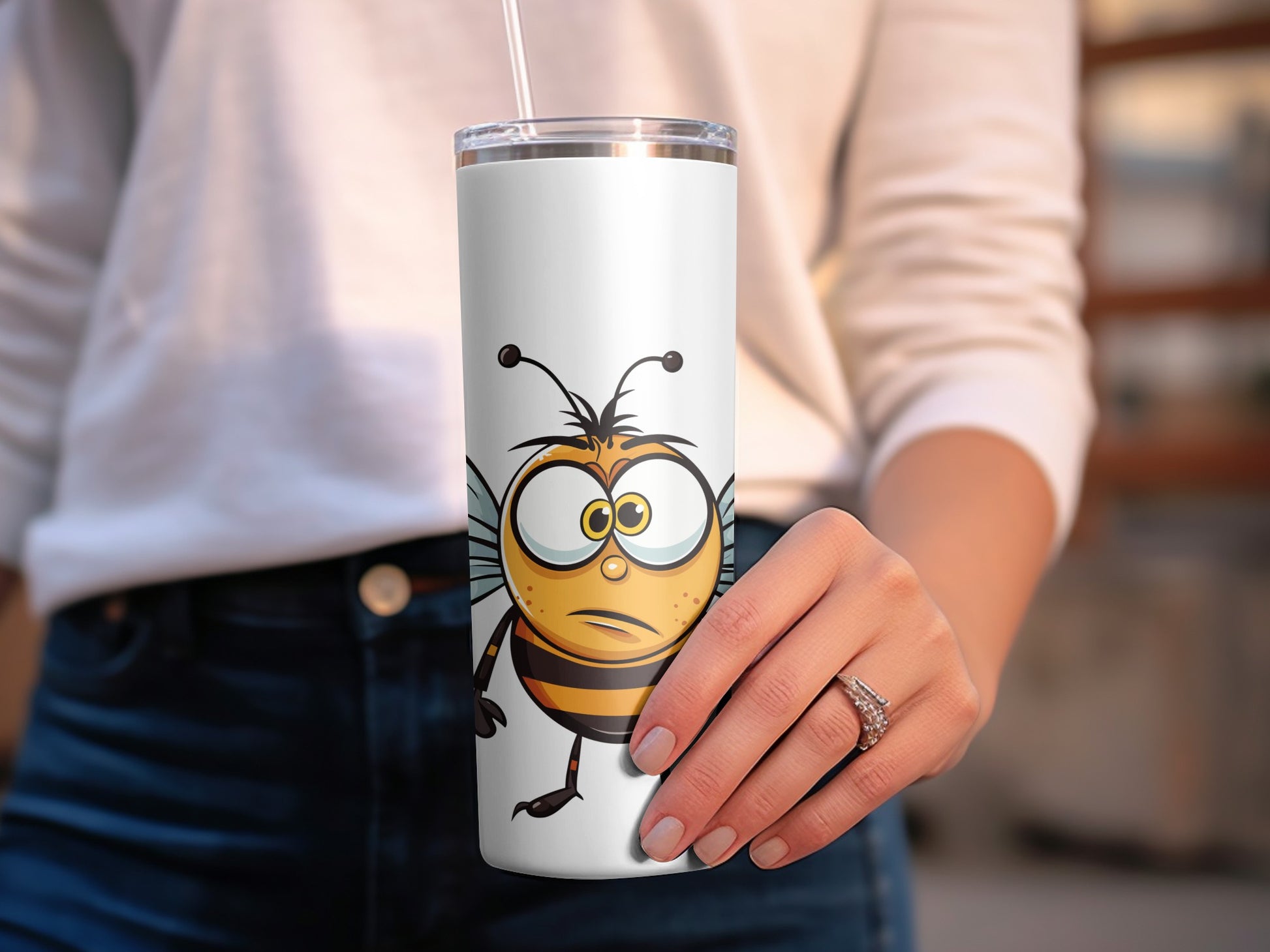 Cartoon Bee Tumbler, Cute Insect Design Travel Mug, Stainless Steel Insulated Cup with Straw, Gift Idea for Nature Lovers
