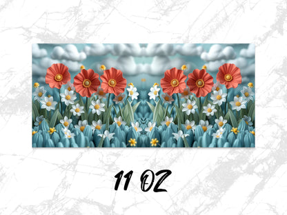 Floral Coffee Mug, Red Poppies and White Daisies Design, 11 oz Ceramic Mug, Unique Gift Idea, Nature Inspired Kitchen Decor