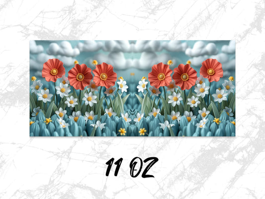Floral Coffee Mug, Red Poppies and White Daisies Design, 11 oz Ceramic Mug, Unique Gift Idea, Nature Inspired Kitchen Decor