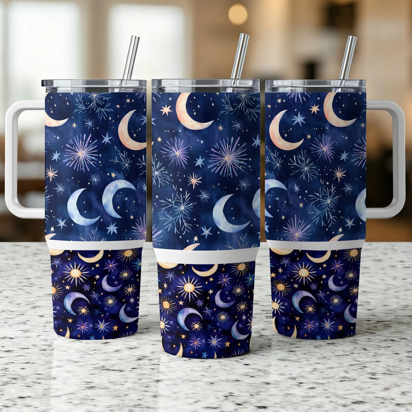 Galaxy Print Tumbler Cups, Stainless Steel Insulated, Reusable Straws, Celestial Pattern, Starry Night Sky Design, Set of 3