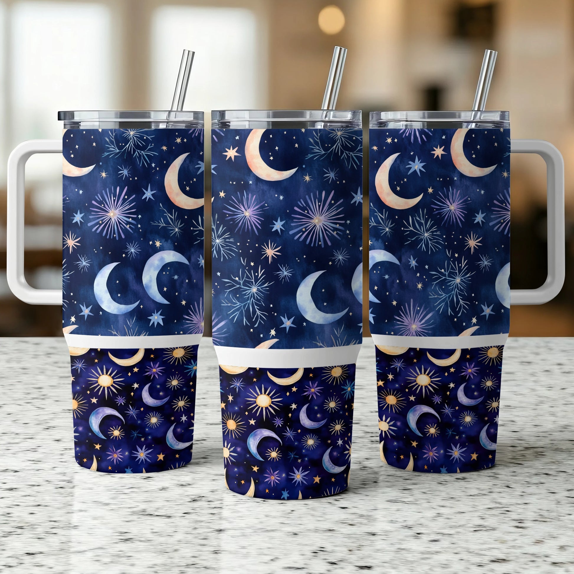 Galaxy Print Tumbler Cups, Stainless Steel Insulated, Reusable Straws, Celestial Pattern, Starry Night Sky Design, Set of 3