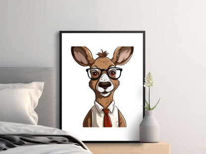 Funny Kangaroo Wall Art, Geeky Kangaroo with Glasses, Cartoon Animal Print, Children's Room Decor, Unique Office Artwork, Gift Idea