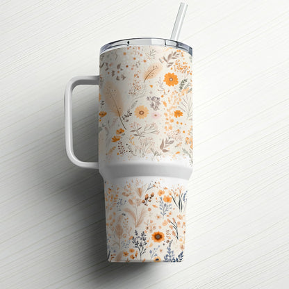 Floral Insulated Tumbler with Straw, Elegant Botanical Design, Stainless Steel Travel Mug for Coffee and Tea