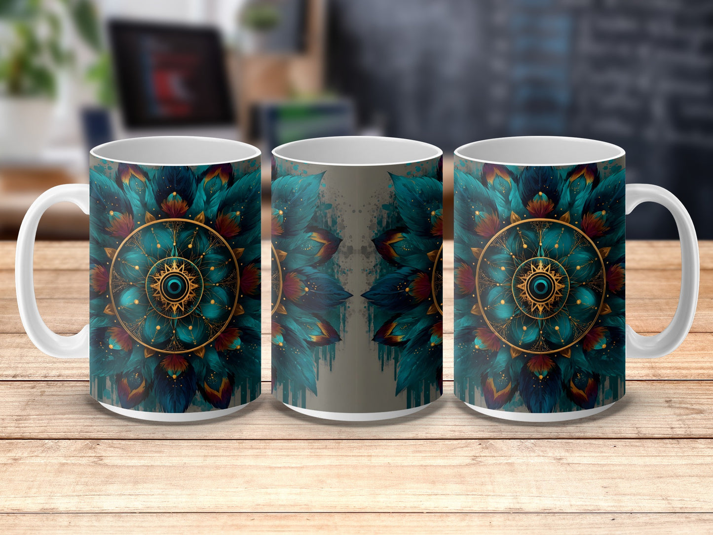 Colorful Peacock Feather Design Coffee Mugs, Vibrant Artistic Drinkware, Unique Kitchen Decor Gifts