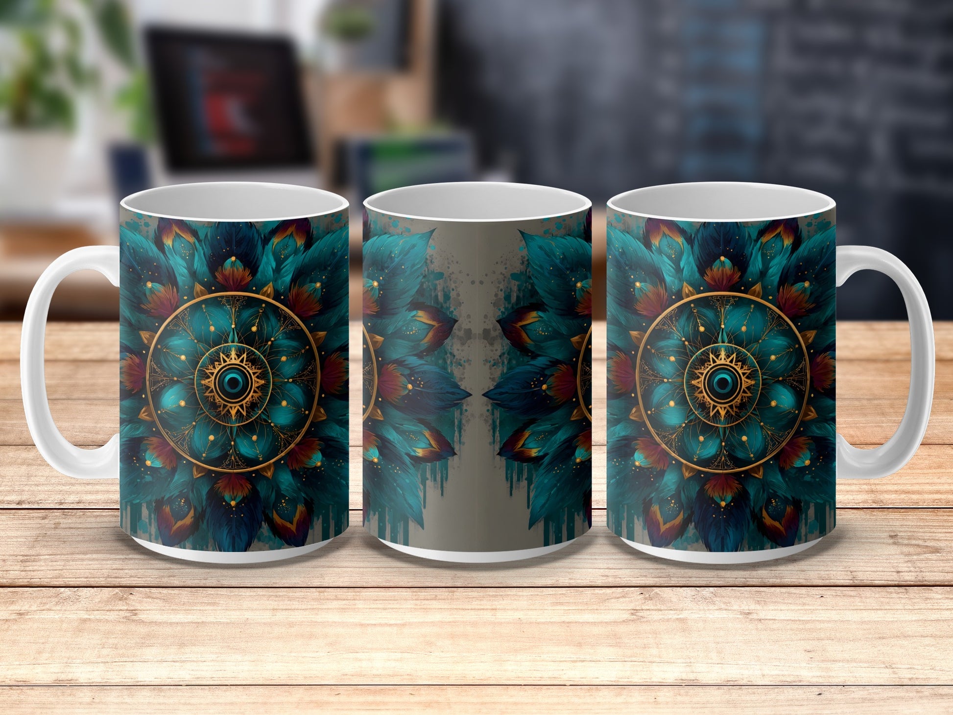 Colorful Peacock Feather Design Coffee Mugs, Vibrant Artistic Drinkware, Unique Kitchen Decor Gifts