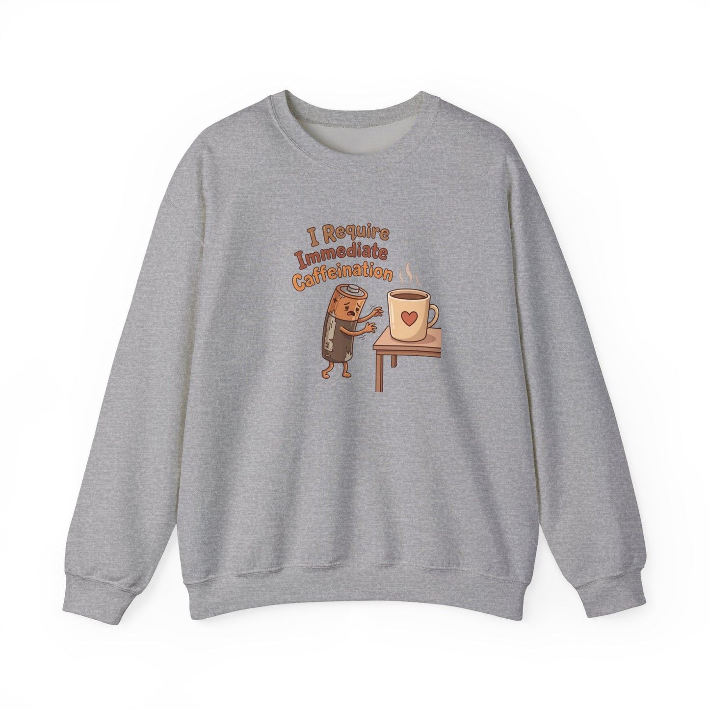 Gray sweatshirt with cartoon coffee cup and text "I Require Immediate Caffeination".