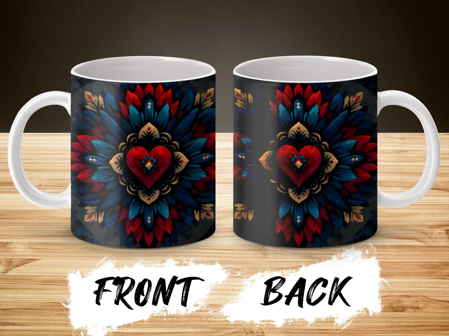 Colorful Floral Heart Design Coffee Mug, Unique Folk Art Style Ceramic Cup for Gift