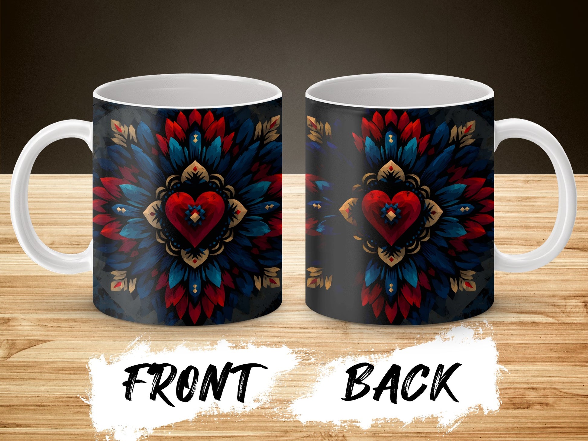 Colorful Floral Heart Design Coffee Mug, Unique Folk Art Style Ceramic Cup for Gift