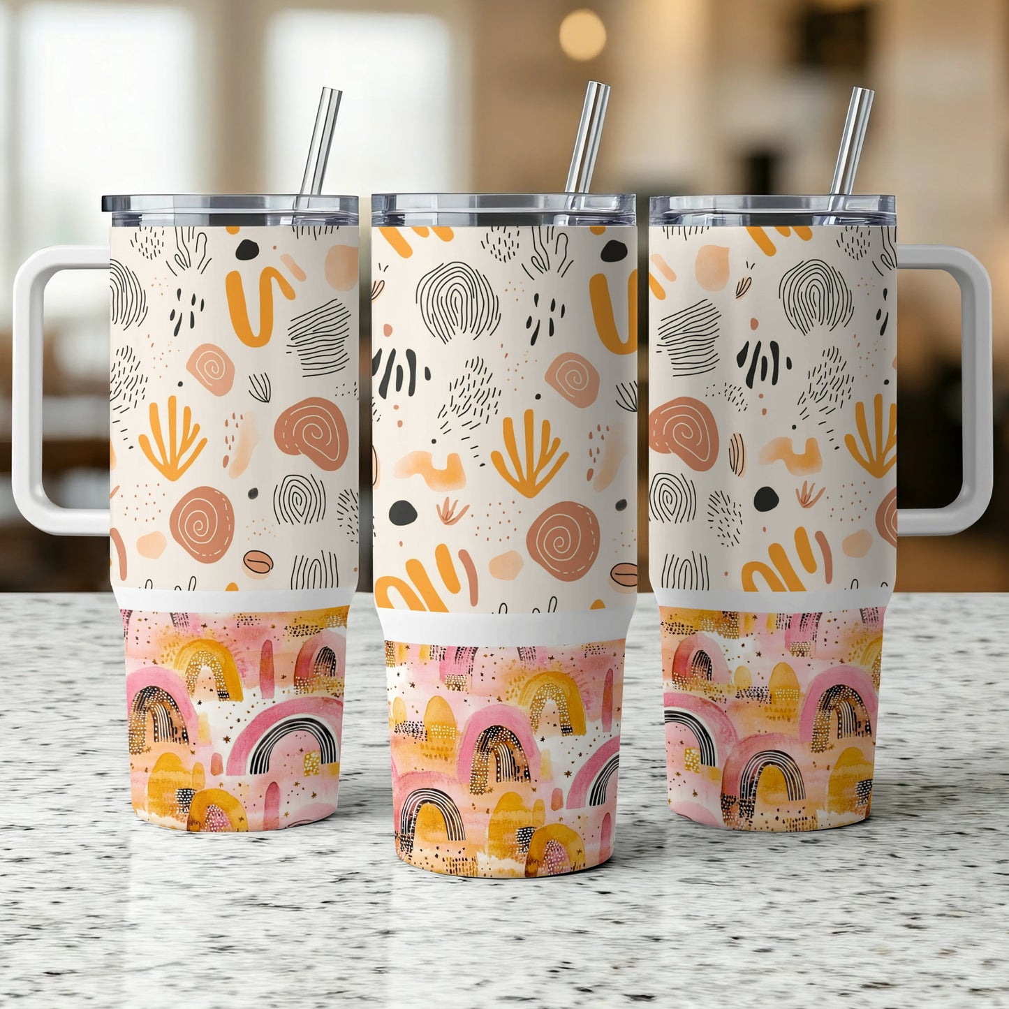 Boho Chic Tumbler Set, Abstract Pattern Insulated Drinkware, Stainless Steel Cups with Straws and Lids, 20oz - Set of 3