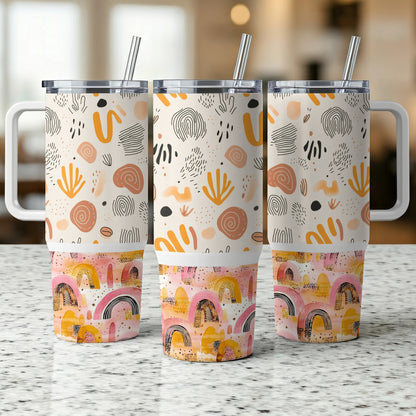 Boho Chic Tumbler Set, Abstract Pattern Insulated Drinkware, Stainless Steel Cups with Straws and Lids, 20oz - Set of 3