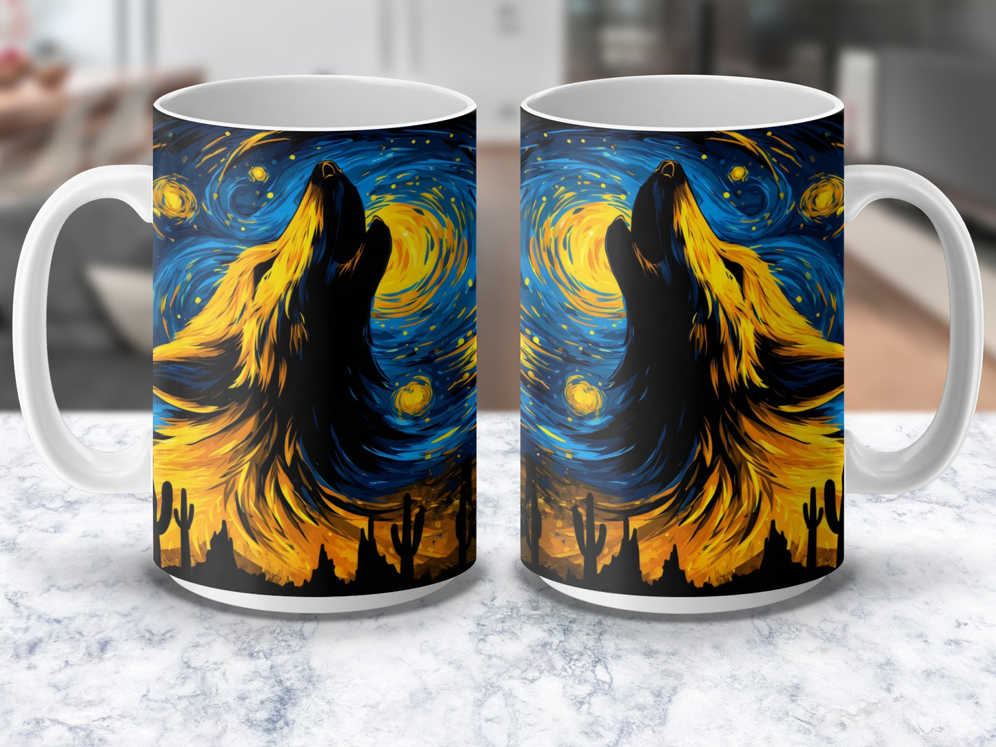 Van Gogh Starry Night Inspired Wolf Howling Design Coffee Mug, Artistic Drinkware, Unique Gift Idea