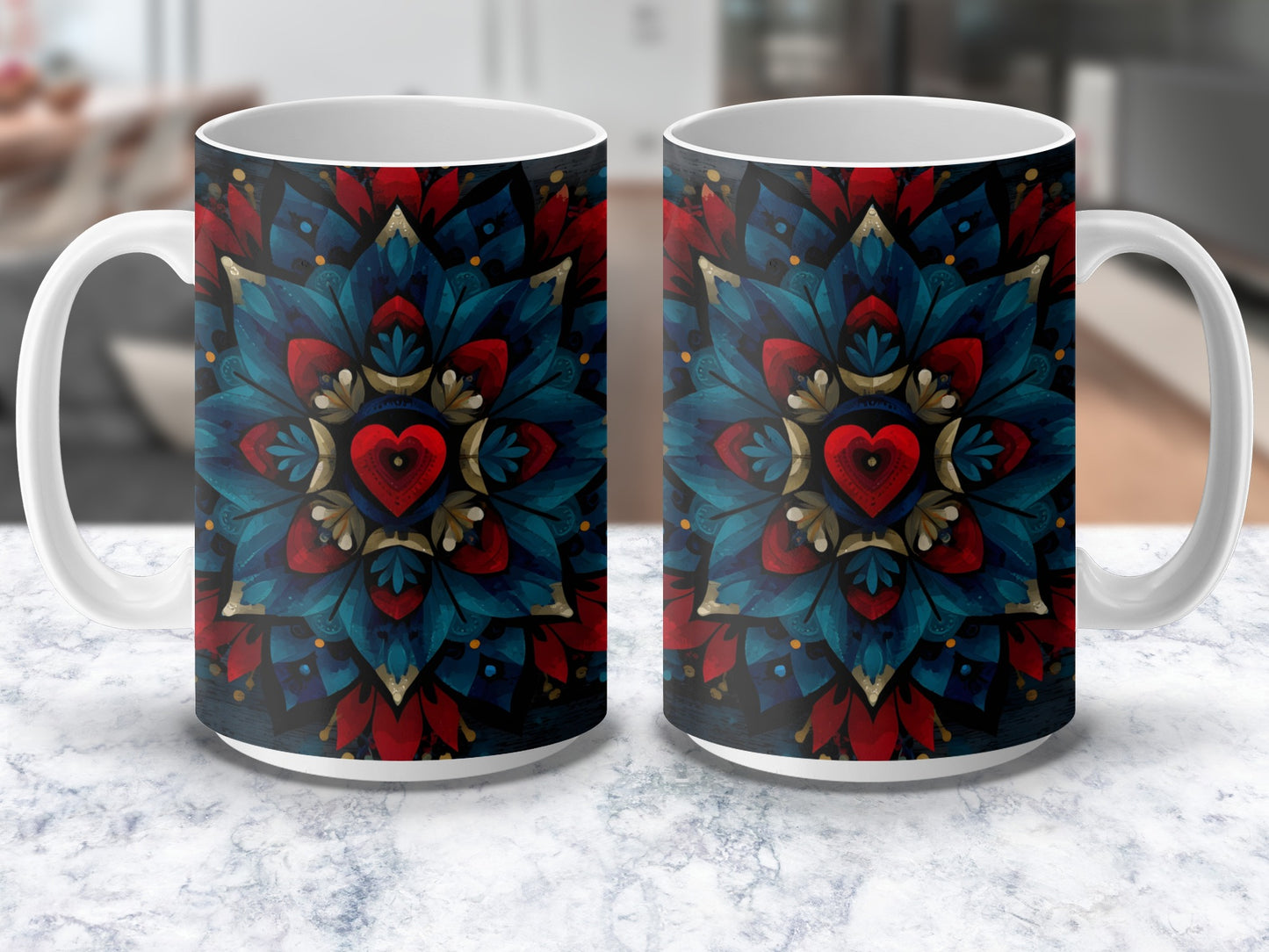 Colorful Mandala Heart Design Mug, Vibrant Red and Blue Ceramic Cup, Unique Gift Idea