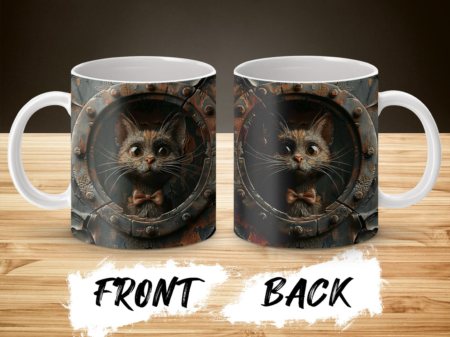 Steampunk Cat Mug, Vintage Mechanical Kitten Design, Unique Coffee Cup, Gift for Cat Lovers, Front and Back Print