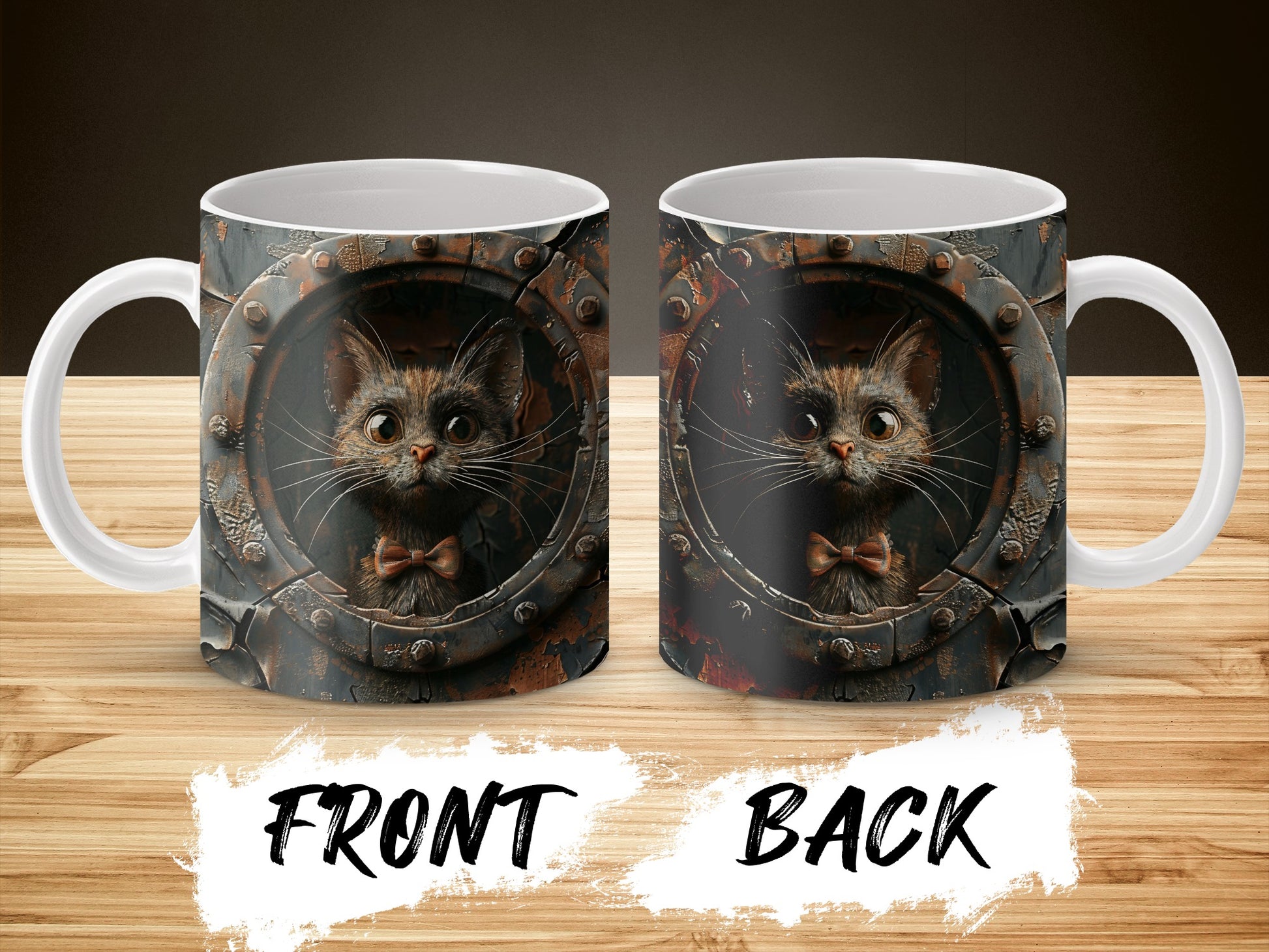 Steampunk Cat Mug, Vintage Mechanical Kitten Design, Unique Coffee Cup, Gift for Cat Lovers, Front and Back Print