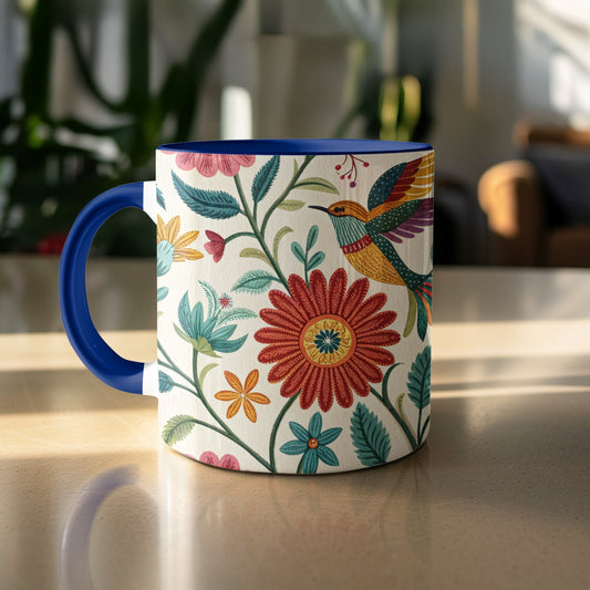Colorful Floral Hummingbird Mug with Blue Handle product type