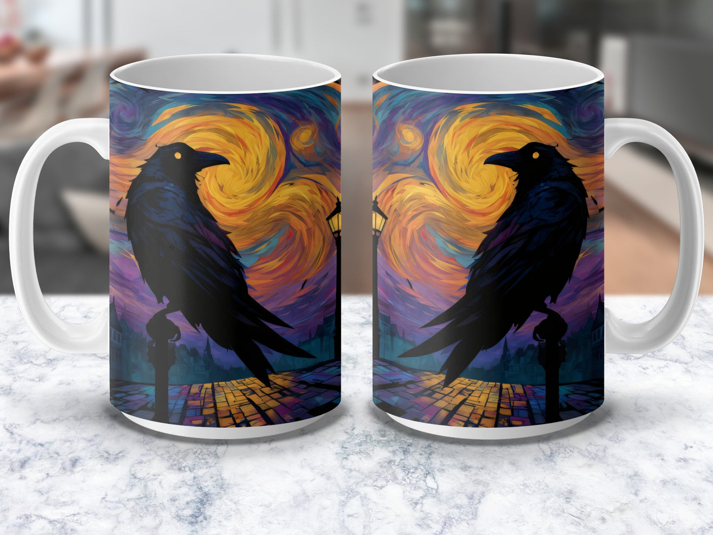 Van Gogh Inspired Raven Art Mug, Colorful Starry Night Coffee Cup, Unique Artistic Drinkware, Gift Idea