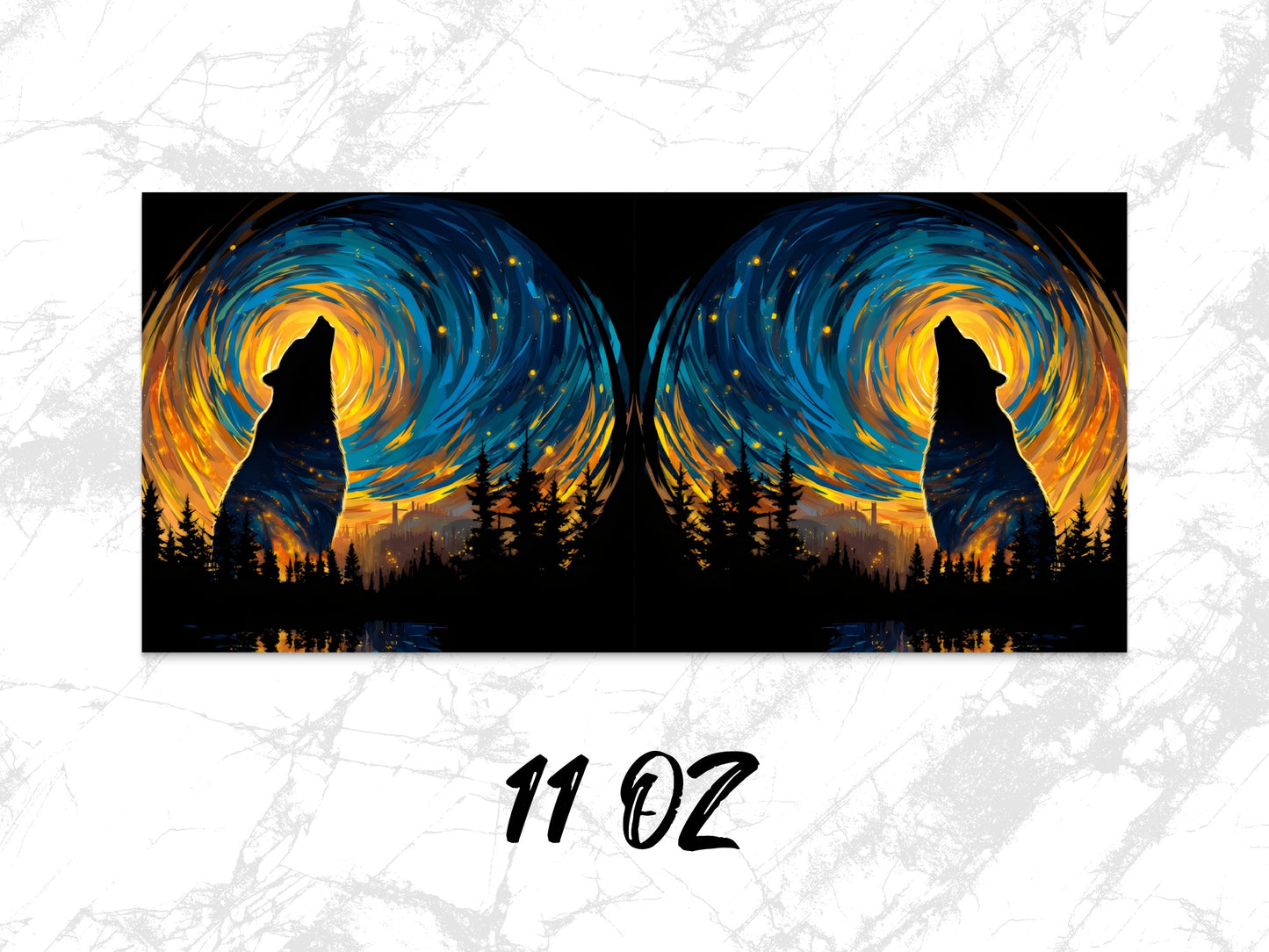 Starry Night Wolf Silhouette Coffee Mug, 11 oz Artistic Wilderness Inspired Cup, Nature and Wildlife Lover Gift