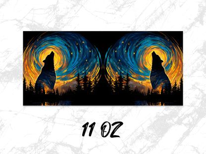 Starry Night Wolf Silhouette Coffee Mug, 11 oz Artistic Wilderness Inspired Cup, Nature and Wildlife Lover Gift