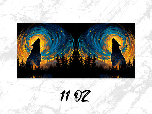 Starry Night Wolf Silhouette Coffee Mug, 11 oz Artistic Wilderness Inspired Cup, Nature and Wildlife Lover Gift