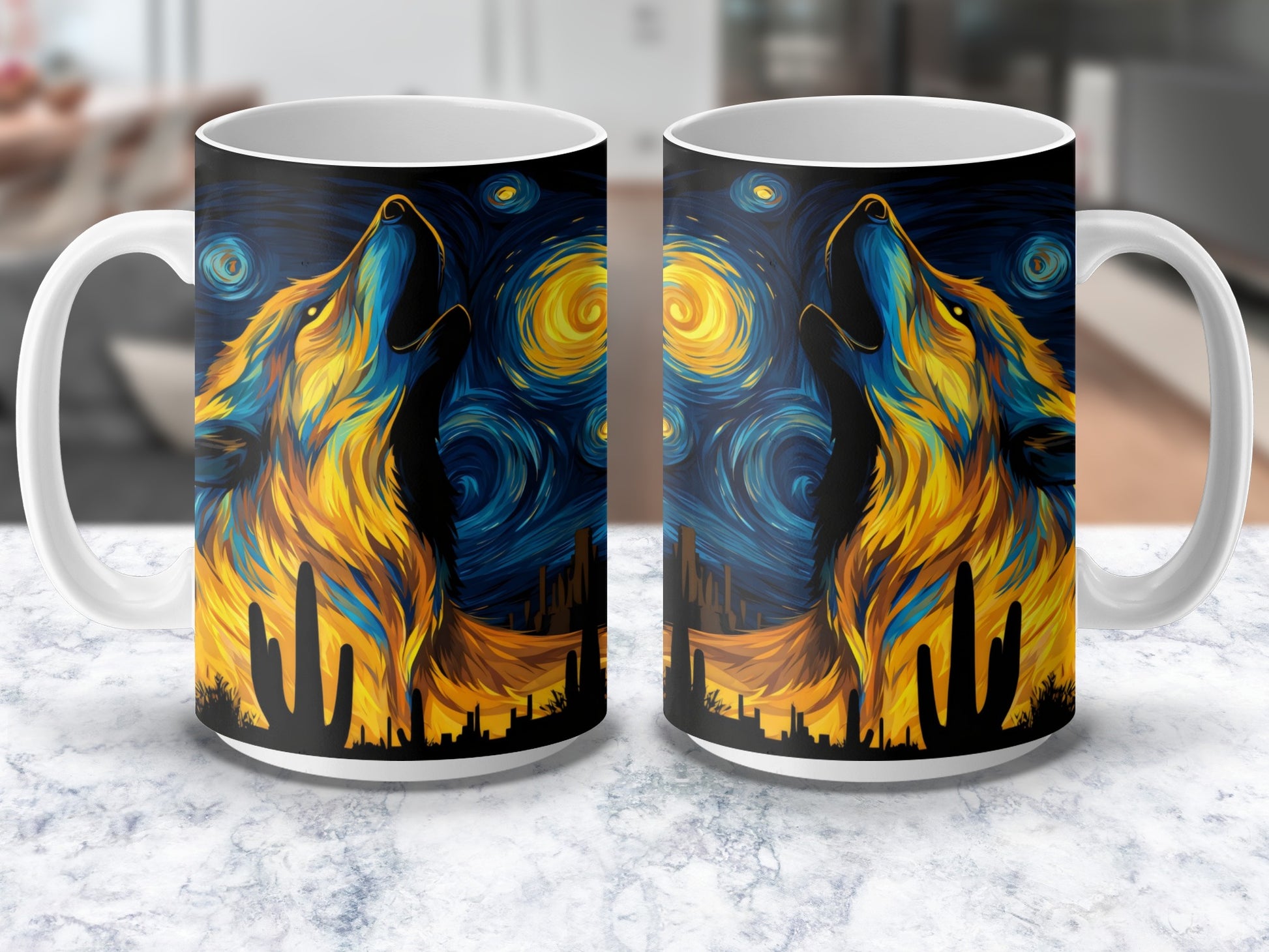 Starry Night Wolf Coffee Mug, Van Gogh Inspired Artistic Animal Cup, Unique Gift Idea