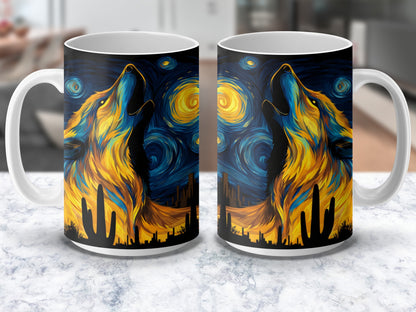 Starry Night Wolf Coffee Mug, Van Gogh Inspired Artistic Animal Cup, Unique Gift Idea