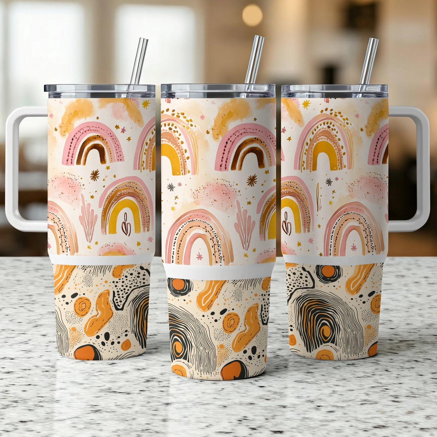 Boho Rainbow Tumbler Cups with Lids and Straws, Reusable Insulated Travel Mugs, 20 oz