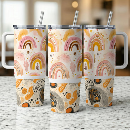 Boho Rainbow Tumbler Cups with Lids and Straws, Reusable Insulated Travel Mugs, 20 oz