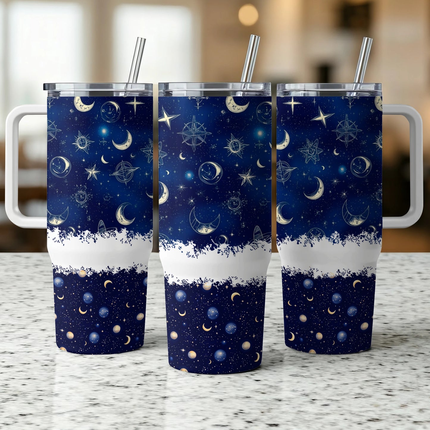 Celestial Tumblers with Lids and Straws, Starry Night Sky Design, Reusable Travel Cups, 20 oz Insulated Drinkware Set of 3