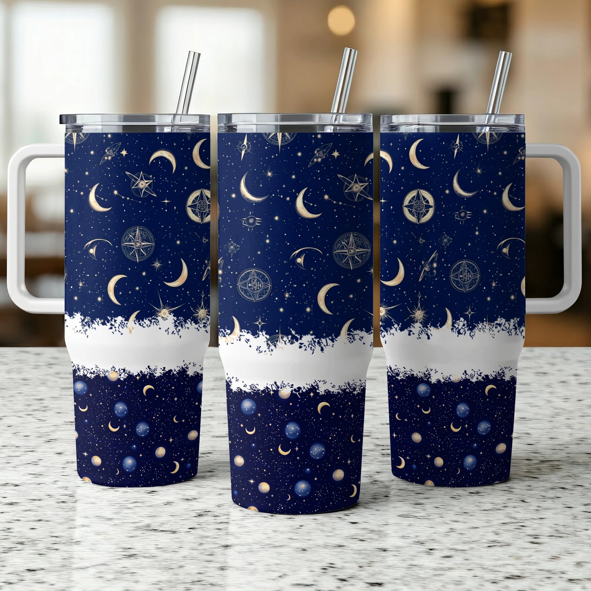 Celestial Tumbler Cups with Lid and Straw, Navy Blue Space Theme, Moon and Stars, Insulated Drinkware, Set of 3