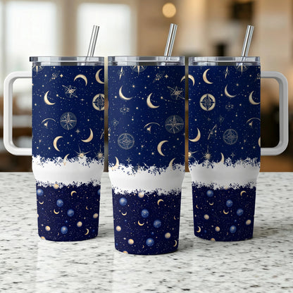Celestial Tumbler Cups with Lid and Straw, Navy Blue Space Theme, Moon and Stars, Insulated Drinkware, Set of 3