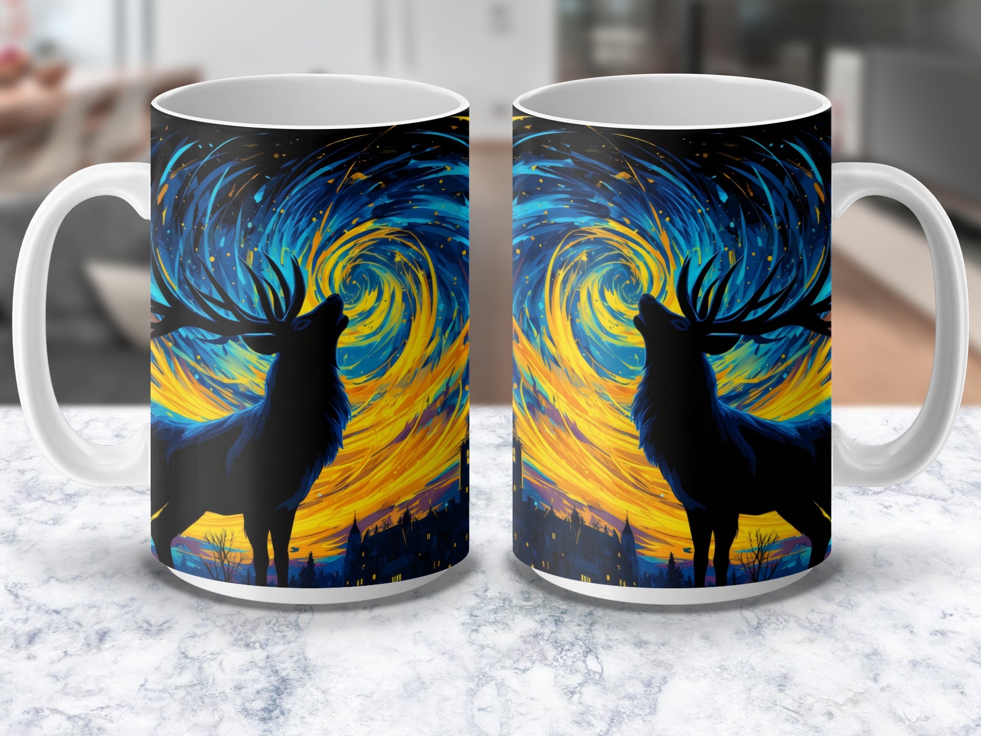 Van Gogh Inspired Starry Night Elk Coffee Mug, Artistic Wildlife Ceramic Cup