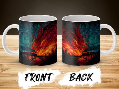 Colorful Swirling Sky Coffee Mug, Artistic Whirlwind Design, Urban Silhouette, Unique Gift Idea