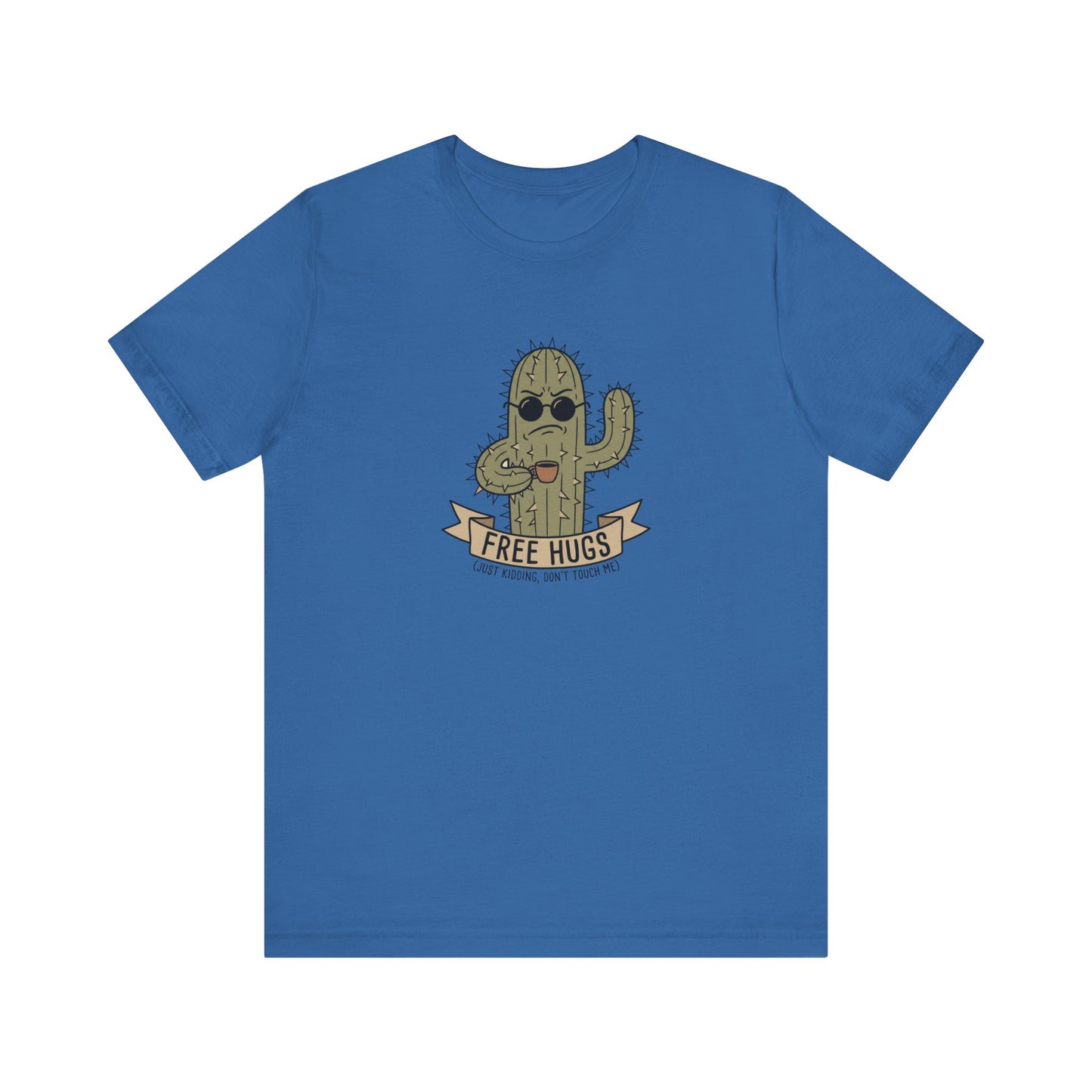 Blue t-shirt with a cartoon cactus wearing sunglasses holding a coffee cup.